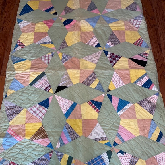 Vintage 1930-40s Handmade Feed Sack  GRANDMA'S FLOWER GARDEN QUILT 80”x67” - Picture 11 of 16